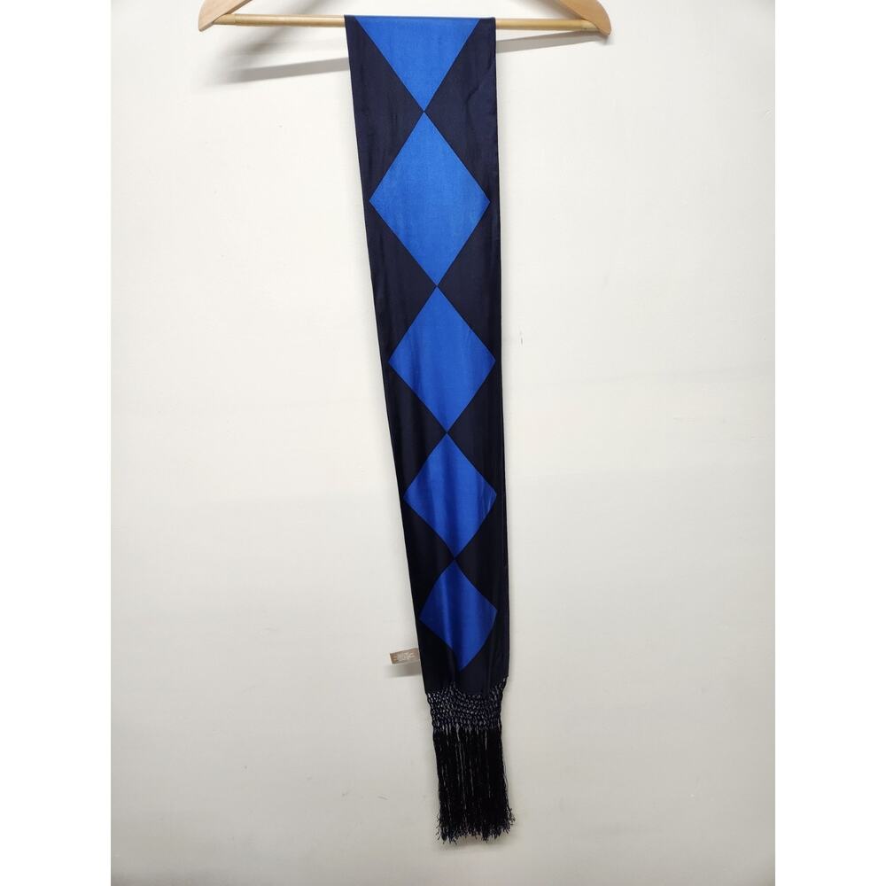 Echo Women's Extra Long Diamond Pattern Rectangle Silk Scarf W/Fringe, Blue/Navy - Picture 2 of 8